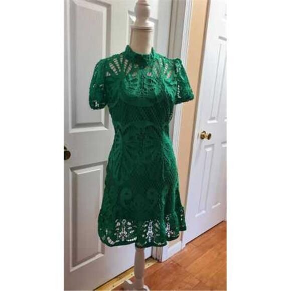 NEW‎ - Women Summer Solid Color Stand Collar Lace Short Puff Sleeve Elegant - Picture 7 of 9